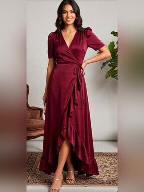 SUGAR+LIPS Women Maxi Dress Size Small Burgundy Satin High-Low Wrap Maxi Dress
